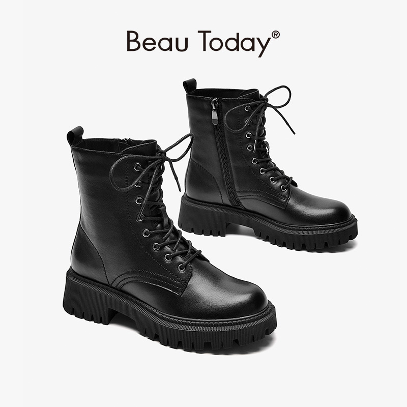 Ankle BeauToday Boots Women Genuine Cow Leather Round Toe Solid Color Side Zipper Retro Platform Ladies Shoes Handmade A04420 3870