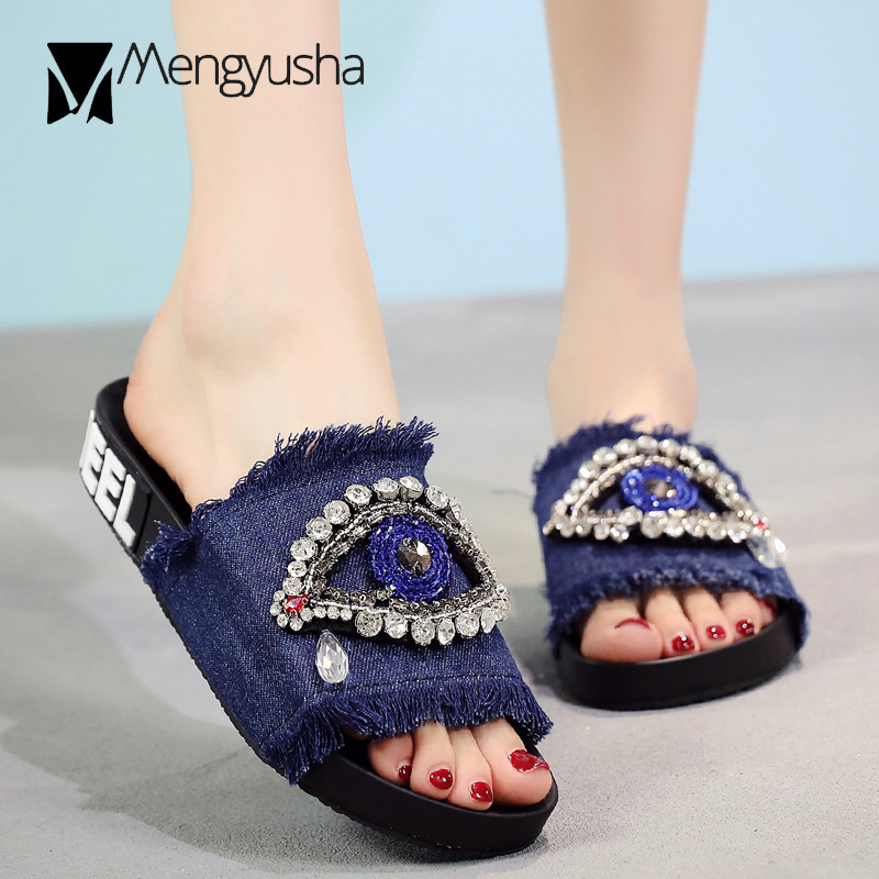 Handmade colors 5 denim slippers woman sandals outdoor crystal New eyes decorate slides beading bg flipps beach slip on shoes