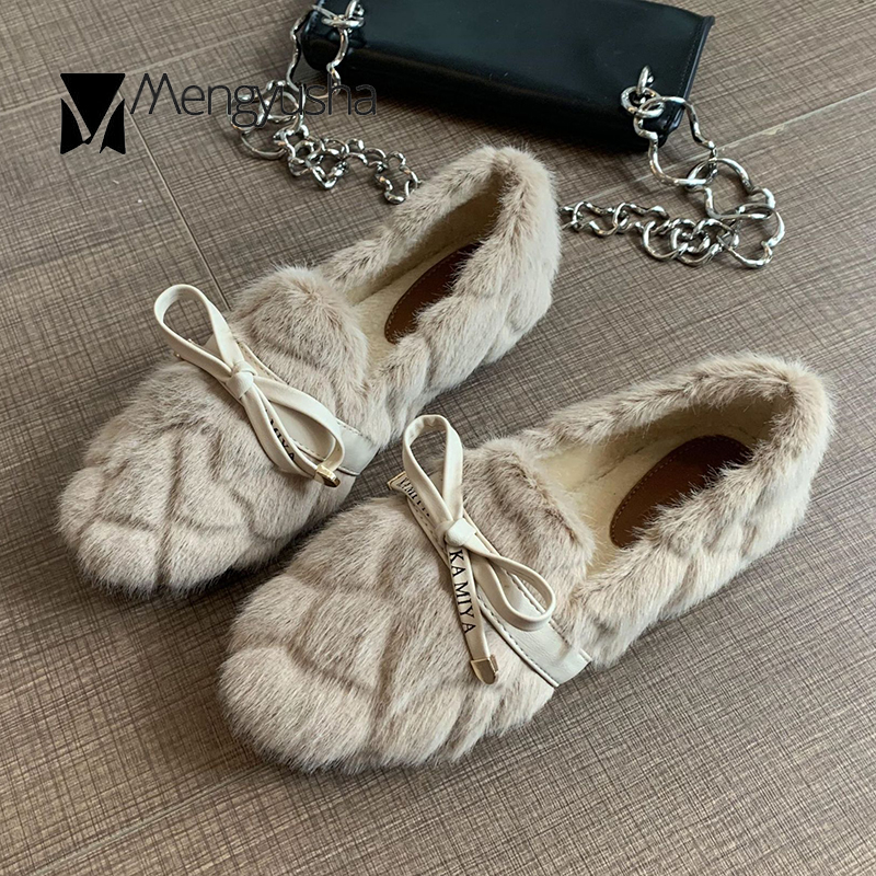 New fur Plaid 46f36 flats Winter women pu butterfly-knot cotton shoes woman fairy fleeces loafers comfy plush fluffy moccasins female