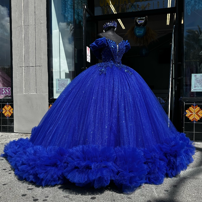 Royal Blue Shiny Ball Gown Quinceanera Dresses 2025 Beads Crystal Tull Tiered Princess Mexico Sweet 16 Dress 15 Birthday Vestidos De XV Anos