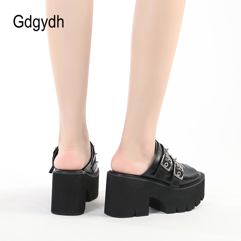 High Chunky Heels Sandals for Women Open Toe Heels Cute Slip-on Mule Shoes Slingbacks Belt Buckle Black Leather Plus Size