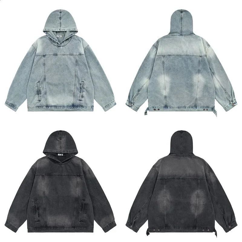 Vintage American Style High Street Distressed Denim Hooded Pullover Unique Sweatshirt Loose Fit Versatile Top For Men Women 240902