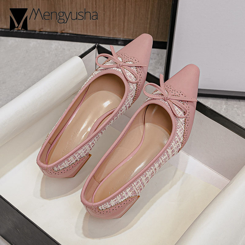 bowtie ladies pumps elegant d31df pointy leather patchwork OL woman sequined cloth knitted med high heels shoes carved talon