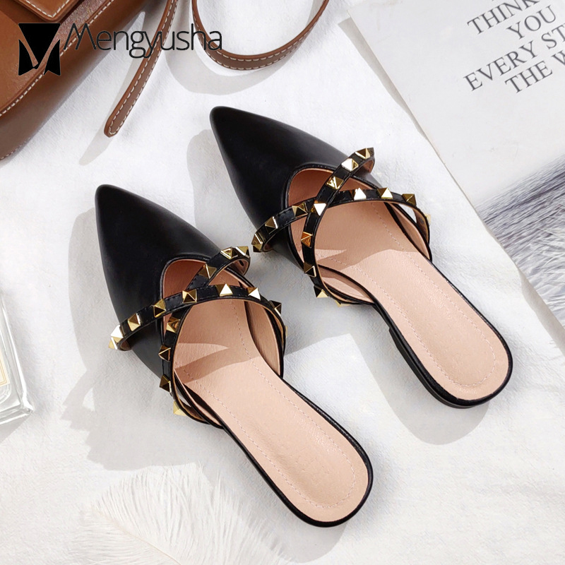 Women's Leather Sandals with Belt Strap - Casual Slip On hot New Slides, Closed Toe, Studded, Comfortable