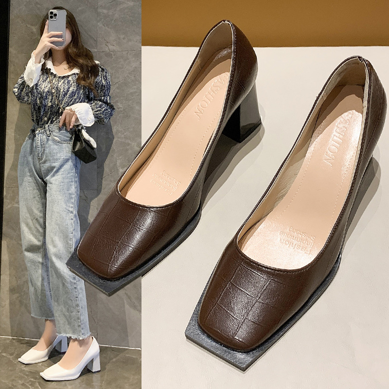 stone leather pattern designer 3a87e high heels women square toe shallow mouth white pumps 2023 new spring chaussure femme talon