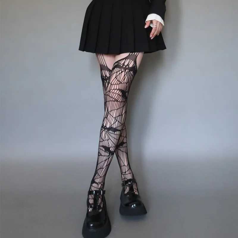 Hosiery Gothic Socks Bat Long Sexy Fishnet Stockings Women Harajuku Emo Alternative Mesh Bat Tights Lingerie Skin Thigh High Garters Hosiery Y240833