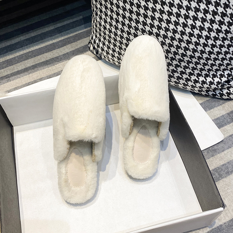 big 41-44 size slippers round toe designer winter slides shoes outdoor rasteiras femininas rabbit fur pantuflas women