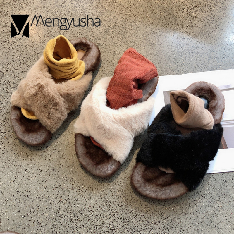 Cross Celebrity band fur slippers women New winter shoes warm plush pantuflas thicken soled mixed colors fleeces slides mujer