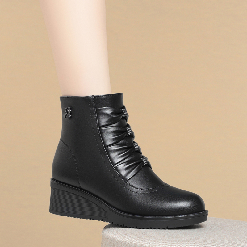 AIYUQI Mom Winter Shoes Wedge Heel 2024 New Genuine Leather Women Snow Boots Round Toe Casual Chunky Warm Ladies Short Boots