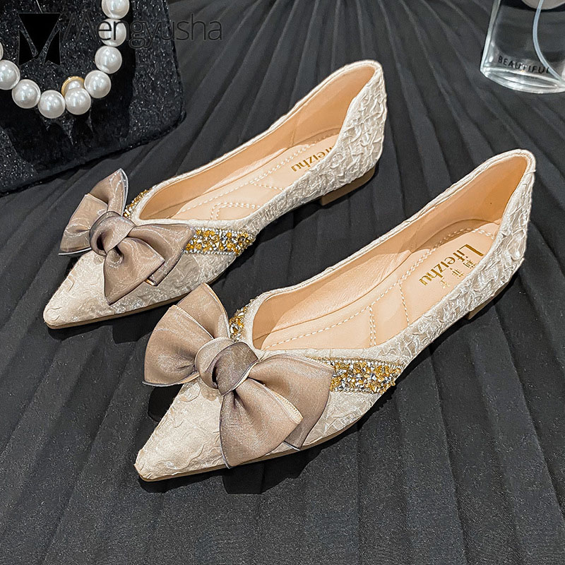 0b5a9 elegant lace bow laides flats pointed toe crystal glitter decoration ballerinas shoes woman silk pleated loafers big size 43