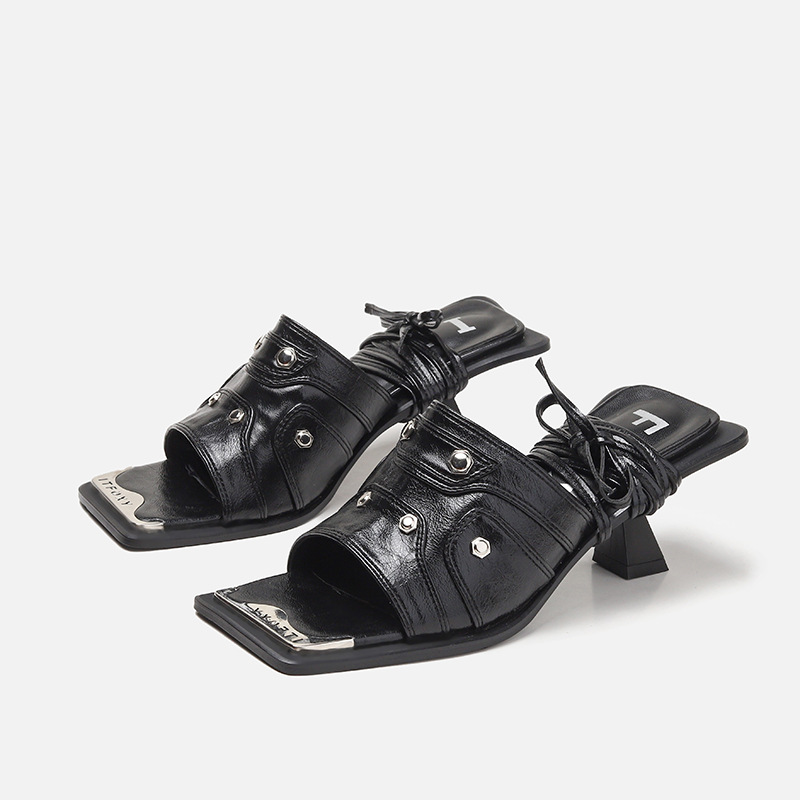 Fashion Sandals High-heeled eb Summer Women Slippers New Leather Gladiator Rivet High Heels Square head Casual Lady Ankle Strap