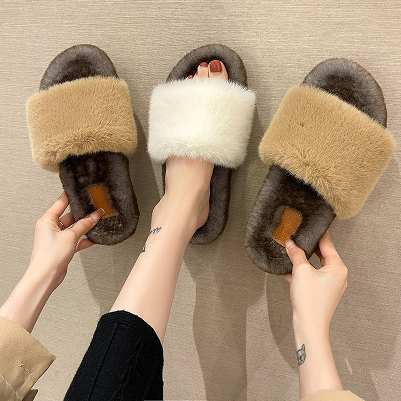 design new winter fur slippers women double band plush slides female cross furry home shoes flipps ladies hairy slipper ry