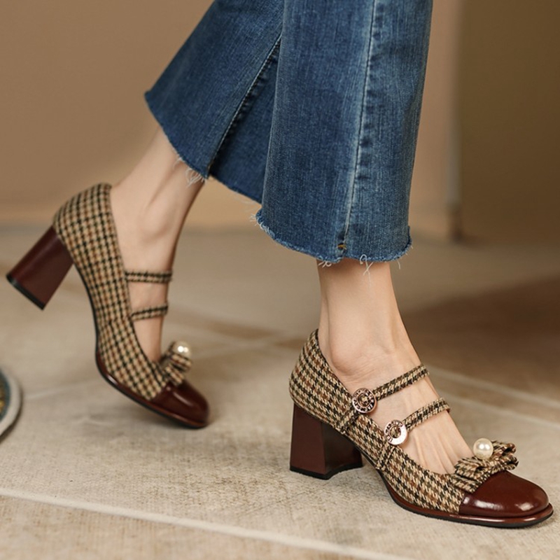 Spring/Autumn 2022 Women's Shoes Round Toe Chunky Heel Pumps Cotton Fabric Lattice High Heels Genuine Leather Retro Mary Janes dee9 s