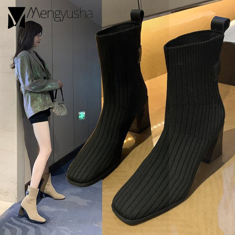 leather patchwork back knitting boots women designer stripe weaved ankle botas mujer strange high heels winter booties 780d