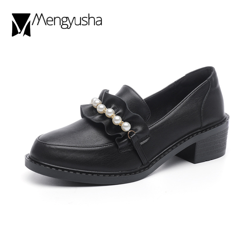 ruffles 7b198 Chic Matte&patent leather beads oxfords women loafers round toe thick heels brogue shoes woman shallow pearl flats