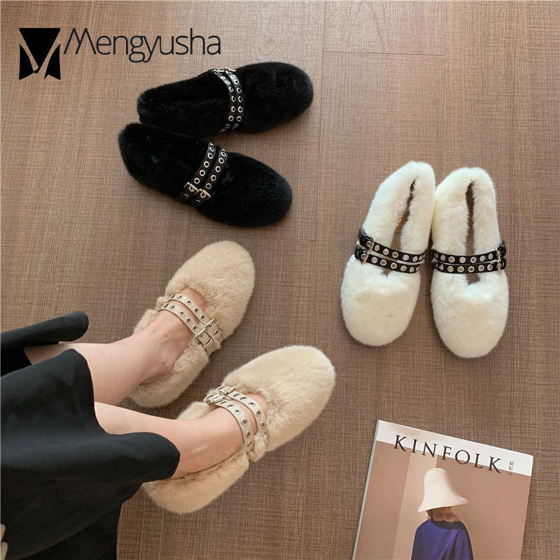 3347f shoes Winter Cotton for women ballerina cozy cotton loafers warm plush moccasins woman double studs buckle belt fur flats 2023