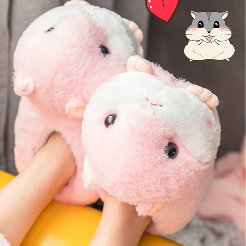 Cute Cartoon Hamster Design House Women Fur Slippers Gray Pink Brown Winter Warm Ladies Plush Shoes Onesize Fluffy Girls Slides 589