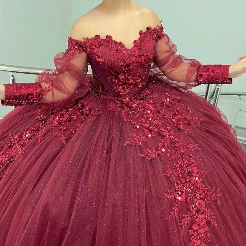 2024 Bury Quinceanera Dress Ball Gown Off The Shoulder Lace Applique Beading Tull Long Seeve Tiered Sweet 16 Vestido De 15 Anos