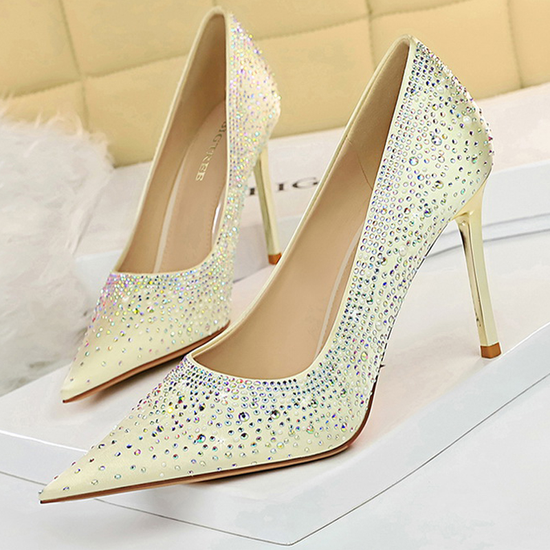 BIGTREE Shoes Sparkle Rhinestones Women Pumps Luxury High Heels Satin Women Shoes Fashion Wedding Shoes Metal Heel Stiletto 2023