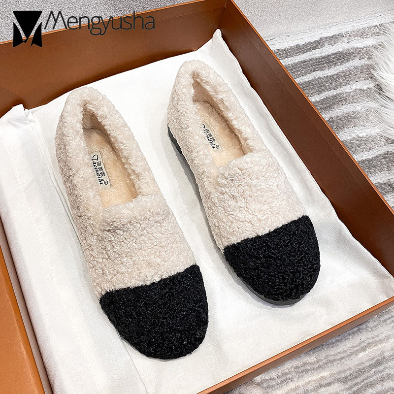black/white color fcd0a lambfur mixed flats woman round toe rubber winter shoes ladies cotton moccasins warm fur loafers size 43