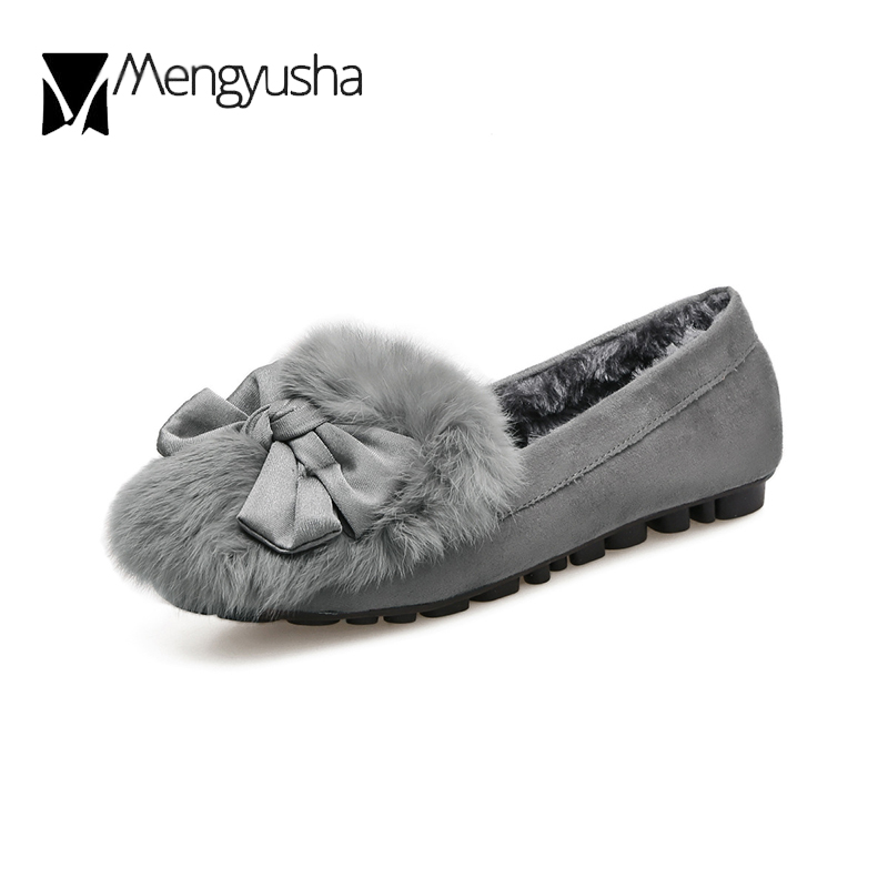 rabbit Butterfly-Knot eb11d flats fur woman winter fleeces moccasins antiskid pregnant shoes women soft bottom cotton loafers female