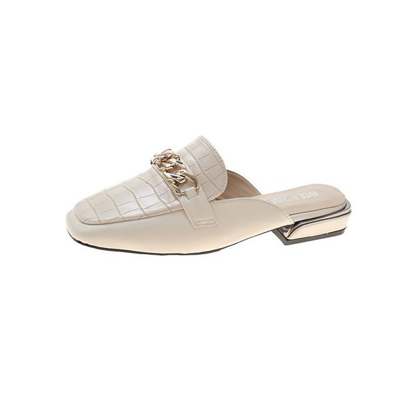 designer famous stone pattern leather slippers metal chains decoration slides shoes woman low heel mules big size 43 flip ps 987