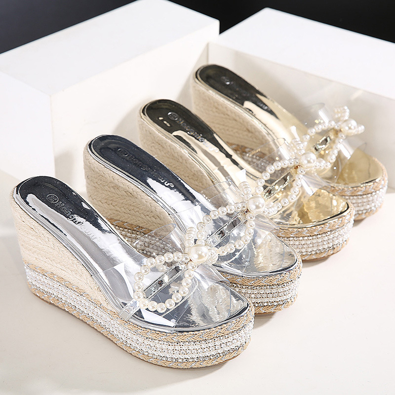 Super Gold/sier High heels women sandals pearl strings bow slippers platform summer shoes straw pattern ball rivets muffins