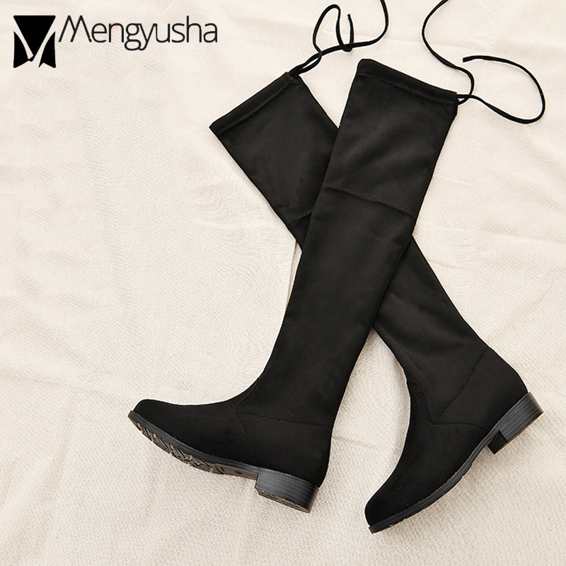 winter stretchy women slim leg booties with plush warm round toe over the knee boots woman square heel platform shoes 7e62