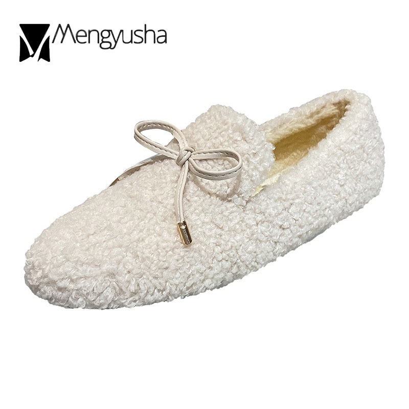 fur a46ca flats lamb Butterfly-Knot woman furry wool moccasins ballerina winter cotton shoes for women warm plush fleeces loafers ry