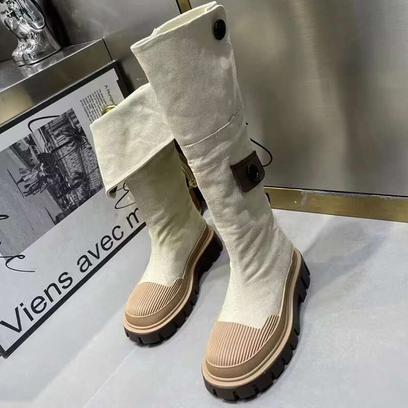 Women Platform Denim Knee High Winter 2023 Designer New Flats Goth Motorcycle Boots Casual Shoes Snow Botas