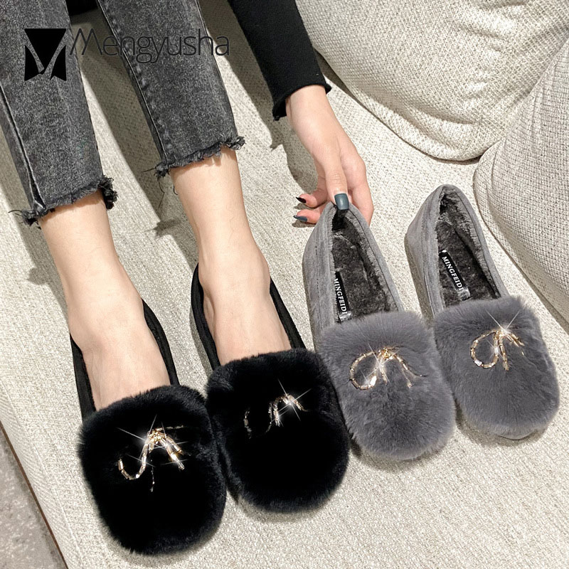 Woman Real rabbit fur c896e flats crysatl metal bow-knot furry moccasins warm plush ladies winter shoes big size 35-43 cotton loafers ry
