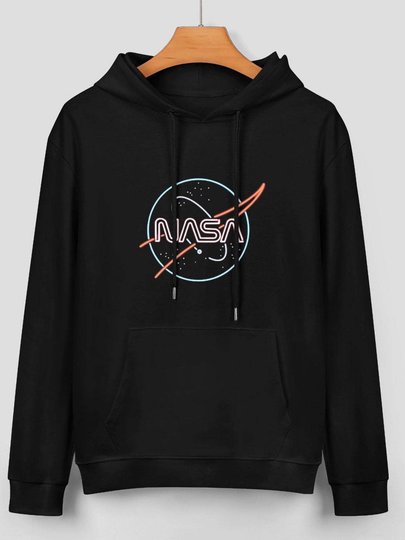 "Nasa" Creative Print, Kangaroo Pocket, Drawstring, Men's Autumn And Winter Casual Hooded Sweatshirt