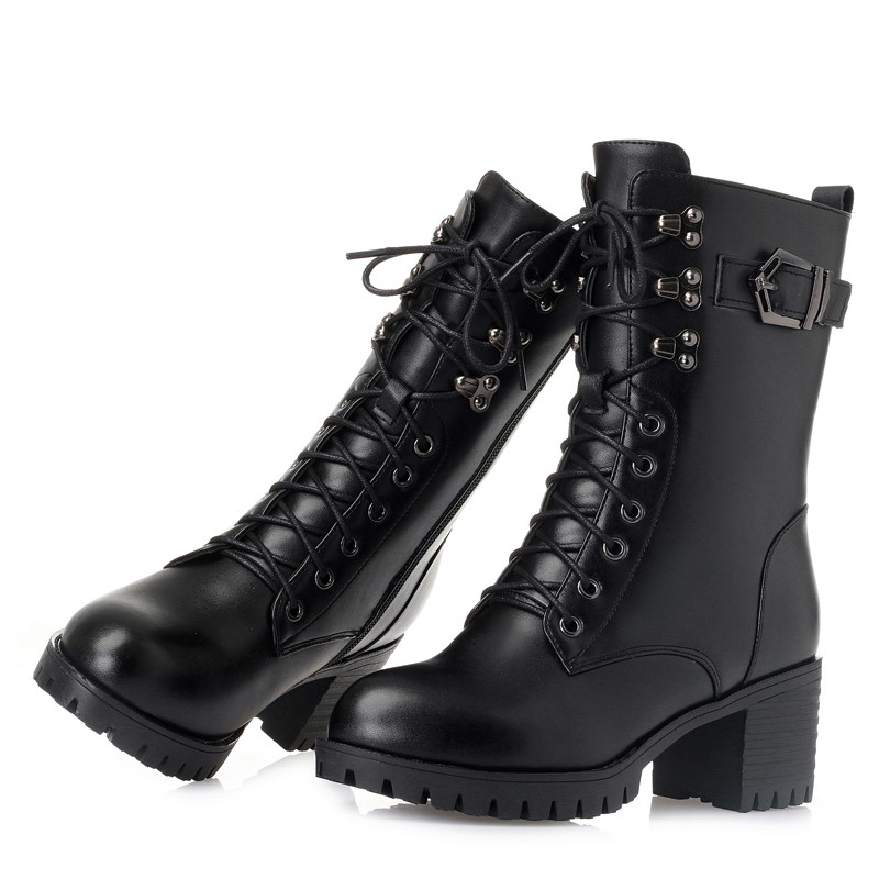 AIYUQI 2024 Genuine Leather Women Biker Boots Size Lace Fashion Women Martn Boots High-heeled Thick Wool Boots