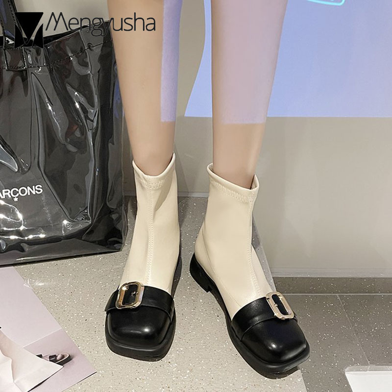 patchwork black/beige leather shoes woman buckle belt motorcycle goth bottes femme brand designer short tube boots 7c76