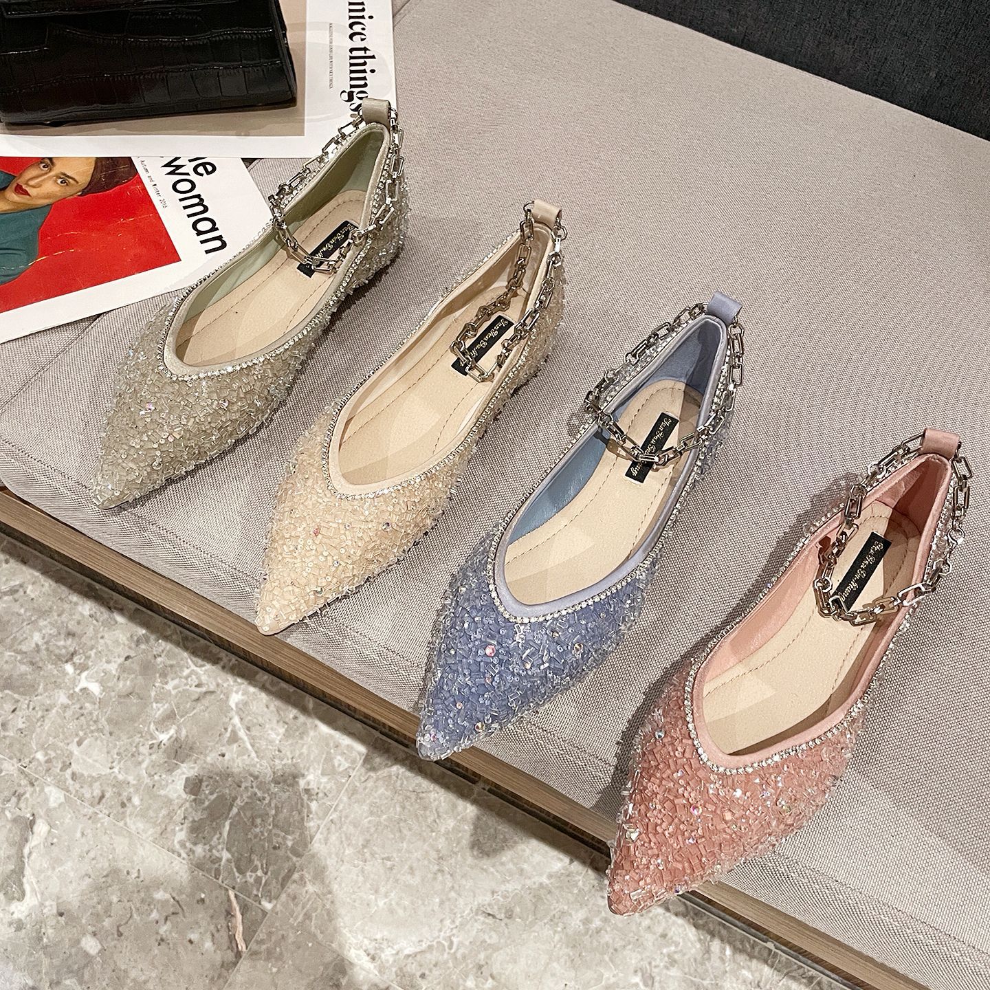 studded 8a8a1 crystal bg flats woman brand designer metal chains ankle strap mary janes female glitter weeding shoes 4579