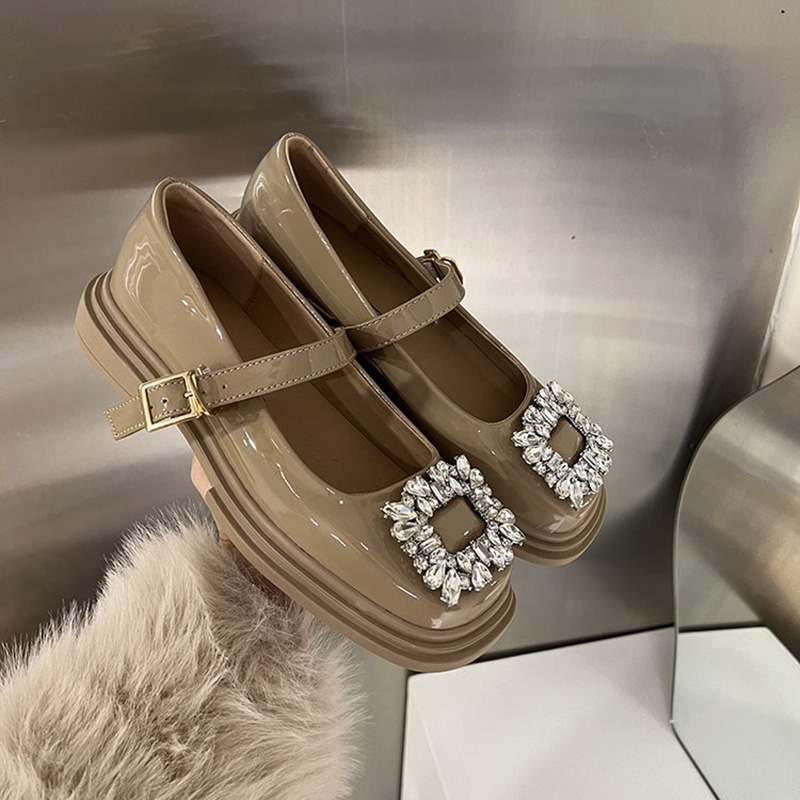 japanned leather suqare crystal e408f shoes woman ankle belt mary janes brand designer rhie buckle brogue flats women