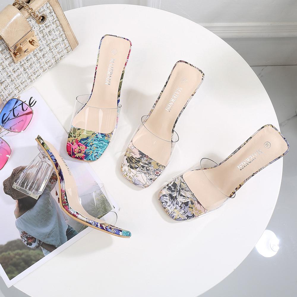 big size 44 45 transparent sandals women flower print clear high heels flip flops sexy ladies perspex heeled sandalias mujer 410