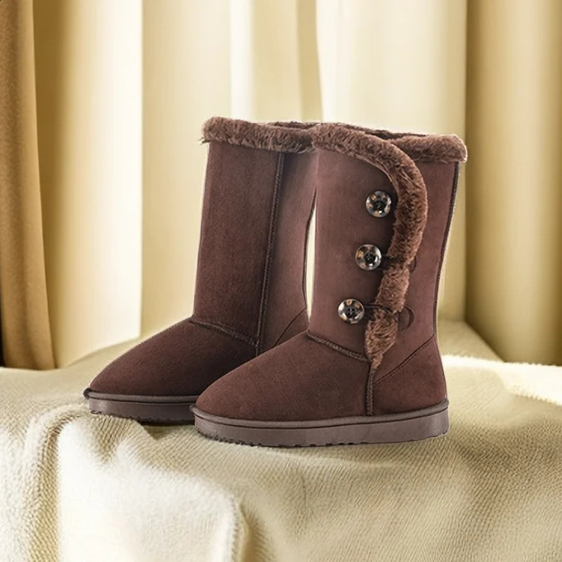 Winter Womens Flat Snow Button Plus Veet Keep Warm Mid Calf for Women Platform Shoes Causal Long Tube Boots 250304