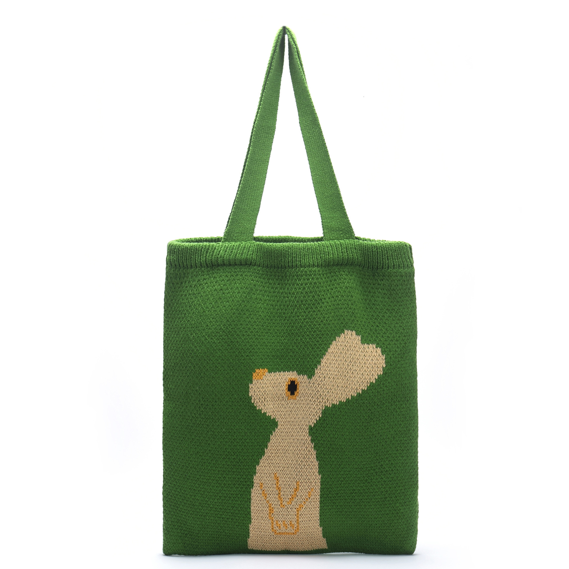Knitted Japanese and Korean fashion trend, looking up at rabbit woven women's hand-held shopping bag, small fresh single shoulder