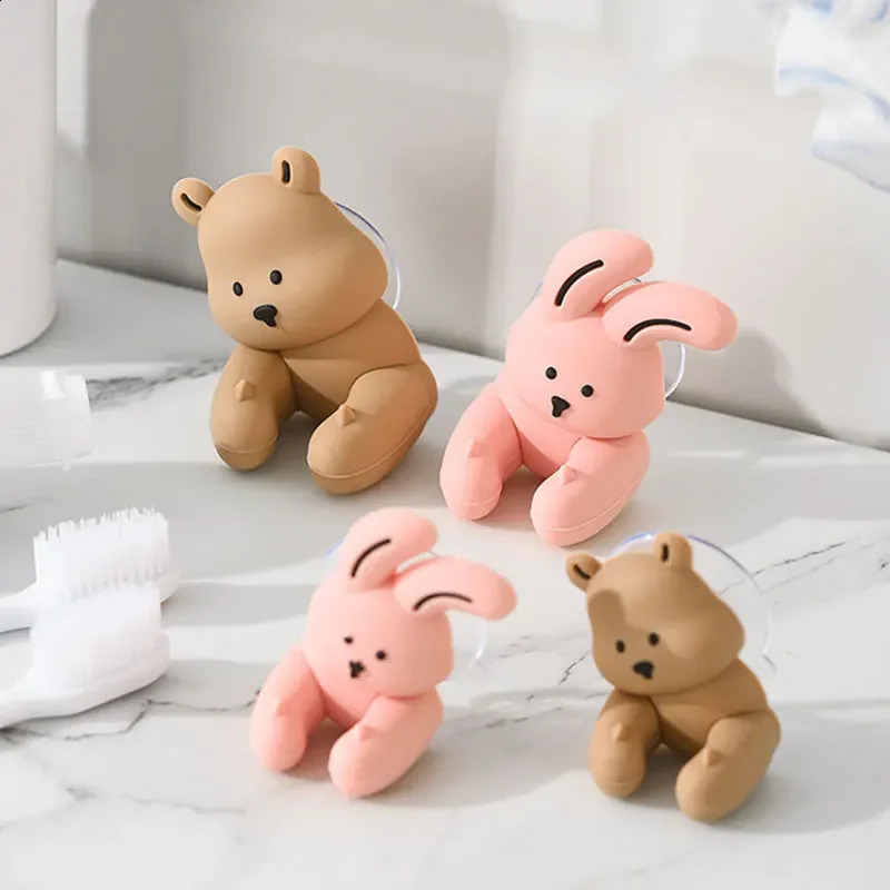 Cartoon Rabbit Bear Toothbrush Holder Wall-mounted Suction Cup Silicone Hook Sundries Storage Rack for Bathroom Accessories 240902
