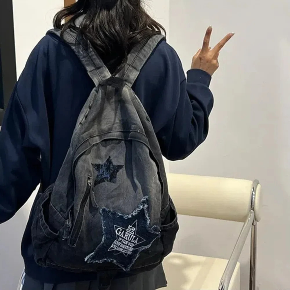 Fashion star pattern denim backpack Y2K punk backpack large capacity student backpack 240902