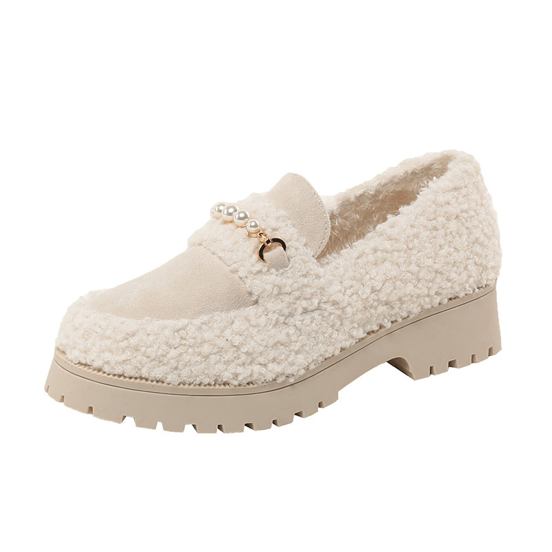 pearl brand 8560e designer strings fur flats women round toe villus creepers beading lambwool platform cotton moccasins shoes woman