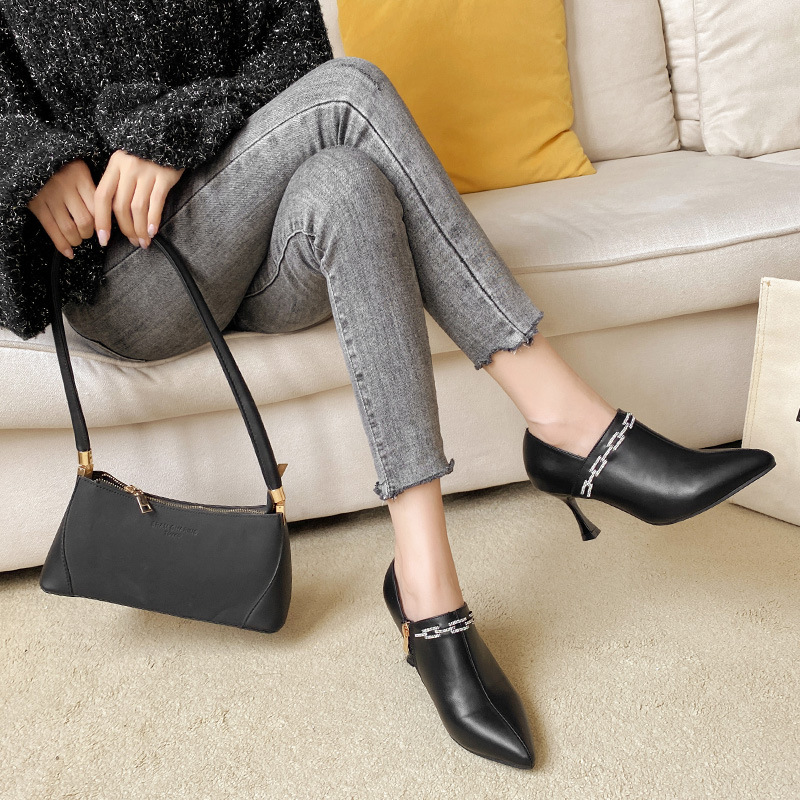 High Crystal Buckle Heels Women's Stiletto Ankle Boots Pointed Toe Rhie Booties Mujer Deep Open Leather Botas on Pump 8d72