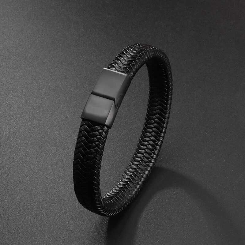 Simple style mens handmade leather bracelet black high-quality metal buckle fashionable casual wristband gift W240830