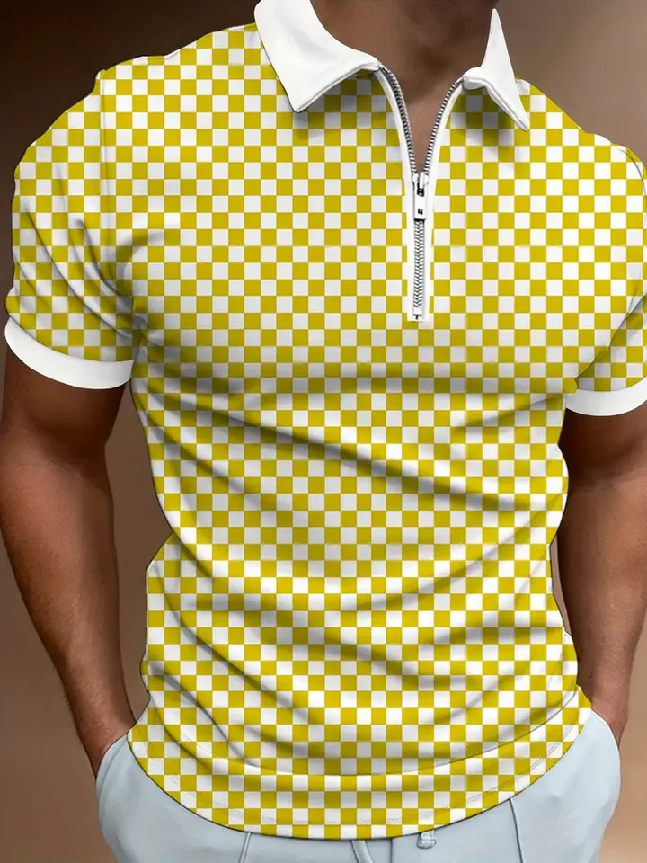 Fashion Mens Short Sleeve Zip Lapel POLO Shirt 3D Printed Plain Business Casual Polo T Pullover Top 240902