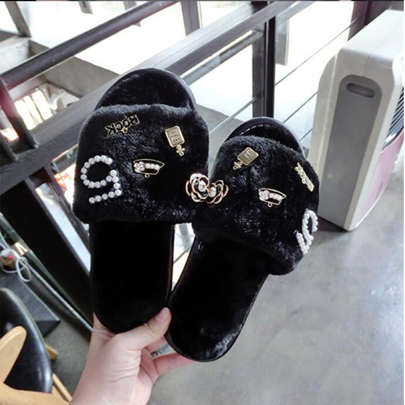 wer perfume slippers plush flip ps camellia pearl beading fur sandals women pantufas cozy home slides XXX