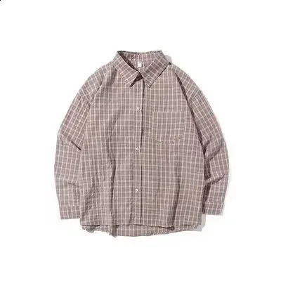 Japanese Style Plaid Long Sleeve Shirt For Men Casual Loose Fit Jacket Trendy Vintage Couple Base Shirt Spring Autumn Season 240902