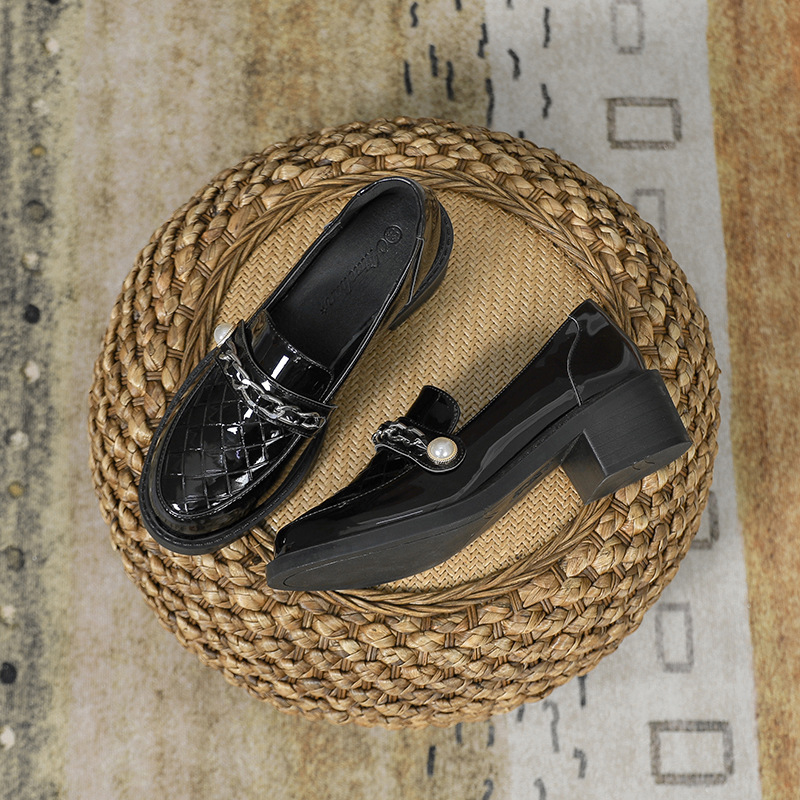 japanned 5396b plaid leather oxford shoes woman metal chains pearl buckle brogues weaved pattern thick heel derby flats women loafers
