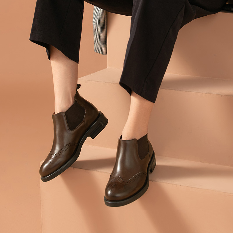 Boots BeauToday Women Cow Leather Brogue Fretwork Round New Toe Elastic Slip On Ladies Flat Heel Shoes Handmade 03709 3d10
