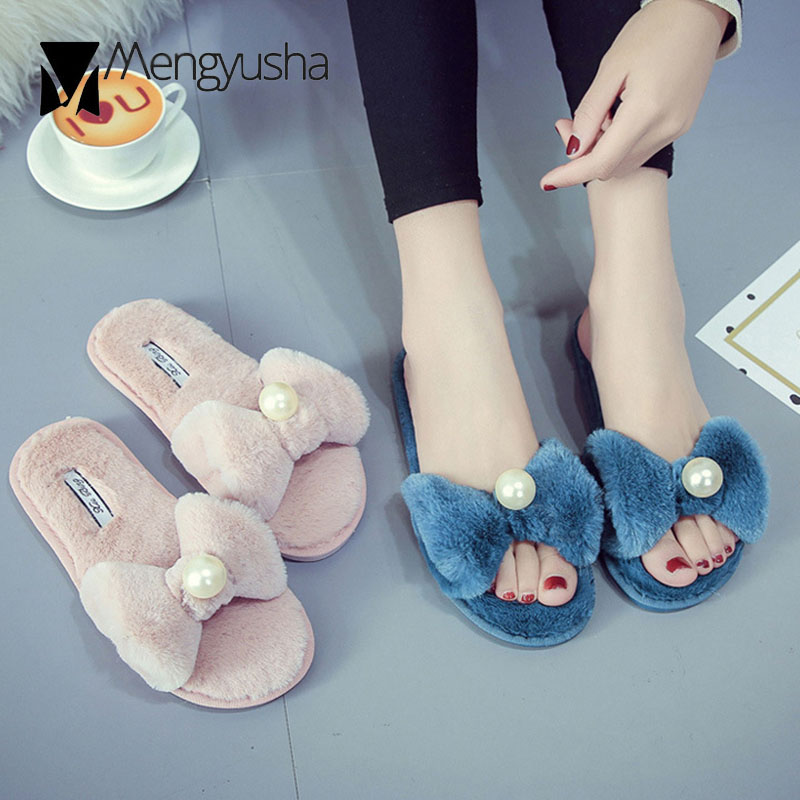 Indoor Women furry slippers girls big pearl bow-knot fur slides ladies plush winter shoes cozy warm home cotton pantuflas